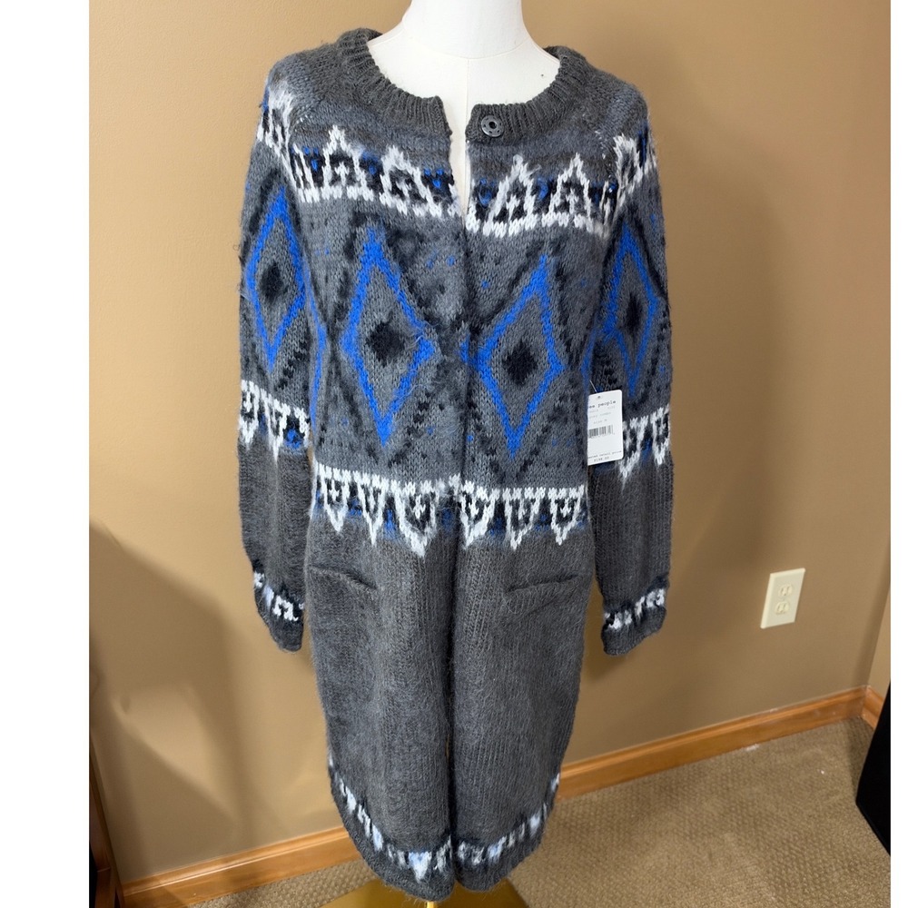 NWT Free People Frosted Fair Isle Cardigan M Grey Blue Mohair Wool Longline
